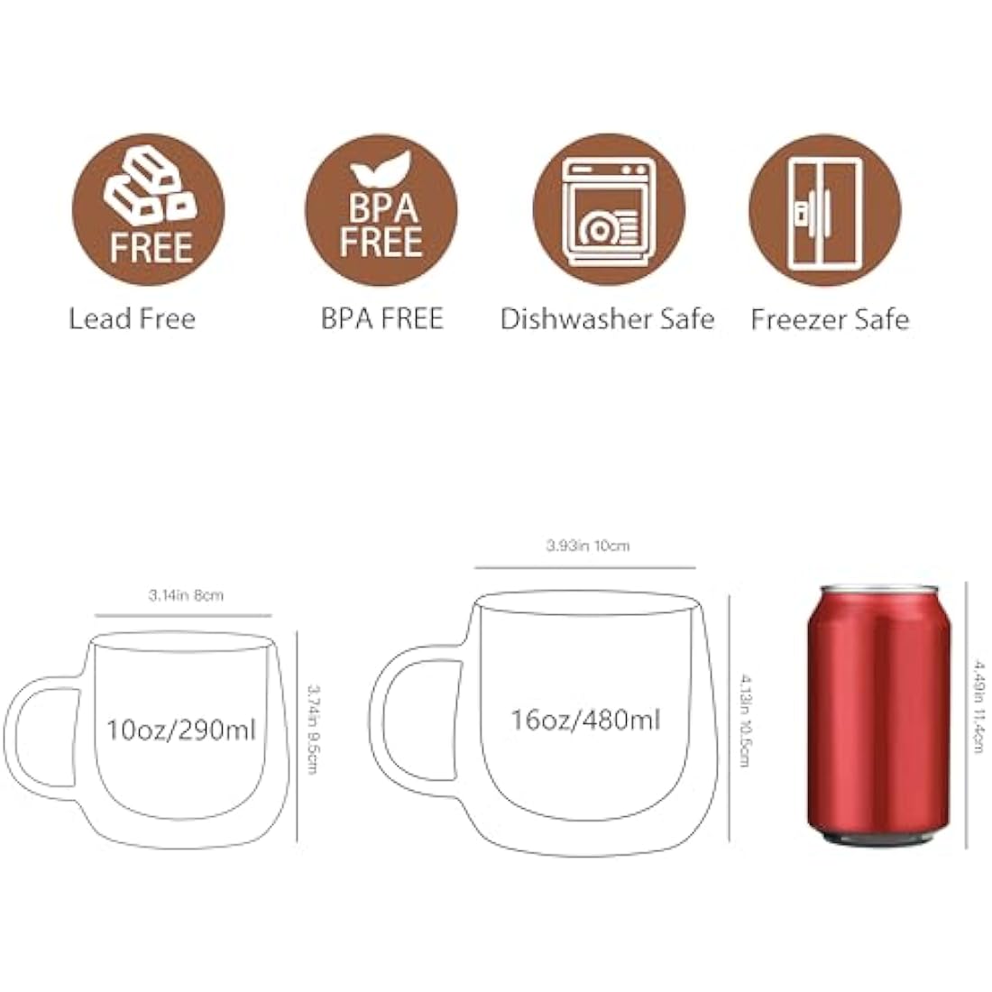 CNGLASS 480ml/16oz Double Walled Glass Coffee Mugs Set of 4,Large Clear Coffee Cups with Handle,Glass Cappuccino Mugs for Latte,Milk,Tea