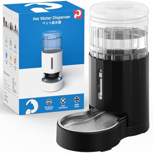 JUNSPOW Drinking Fountain for Cats with Stainless Steel Bowl 4 L, No Electricity & Ultra Silent Automatic Water Dispenser for Large Dogs/Multi-Cat Household, Black