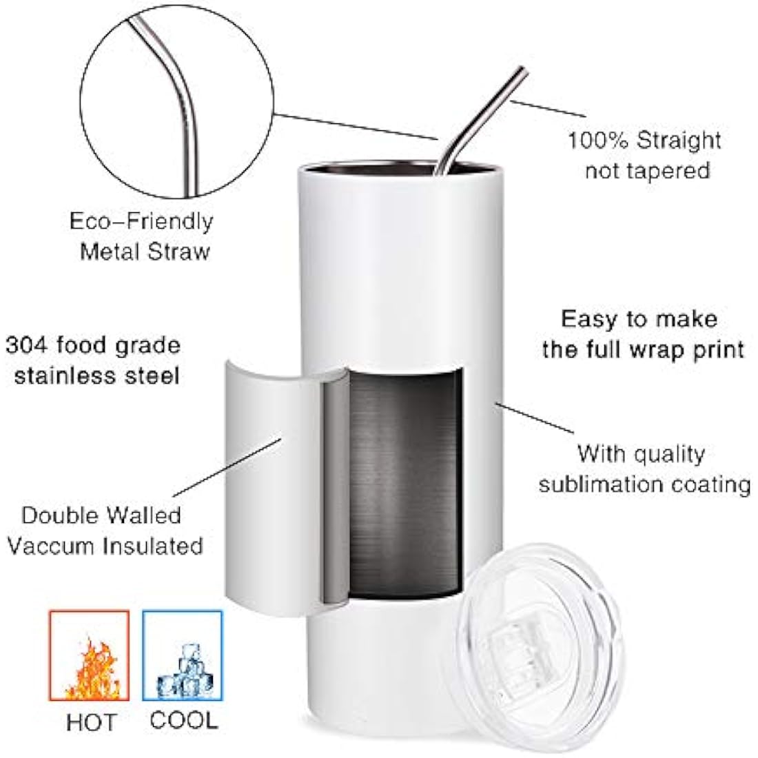 PYD Life 10 Pack Sublimation Tumblers Bulk Blank 20 OZ Skinny White Stainless Steel Tumbler Cups with Straw and Lid for Mug Tumbler Heat Press Sublimation Oven Printing