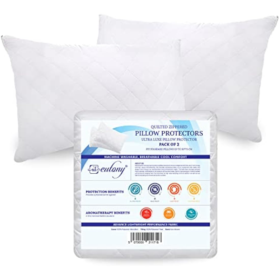 Eutony Quilted Zipped Pillow Protectors 2 Pack - Ultra Luxe, Soft & Breathable Microfiber, Hypoallergenic 50 x 75cm - White
