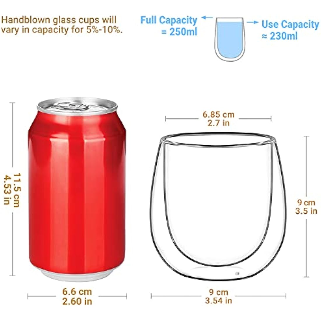 glastal 6x250ml Double Walled Coffee Glasses Mugs Cappuccino Latte Macchiato Glasses Cups for Coffee Tea Milk Juice Ice Cream Borosilicate Heat Resistant Glass Cups