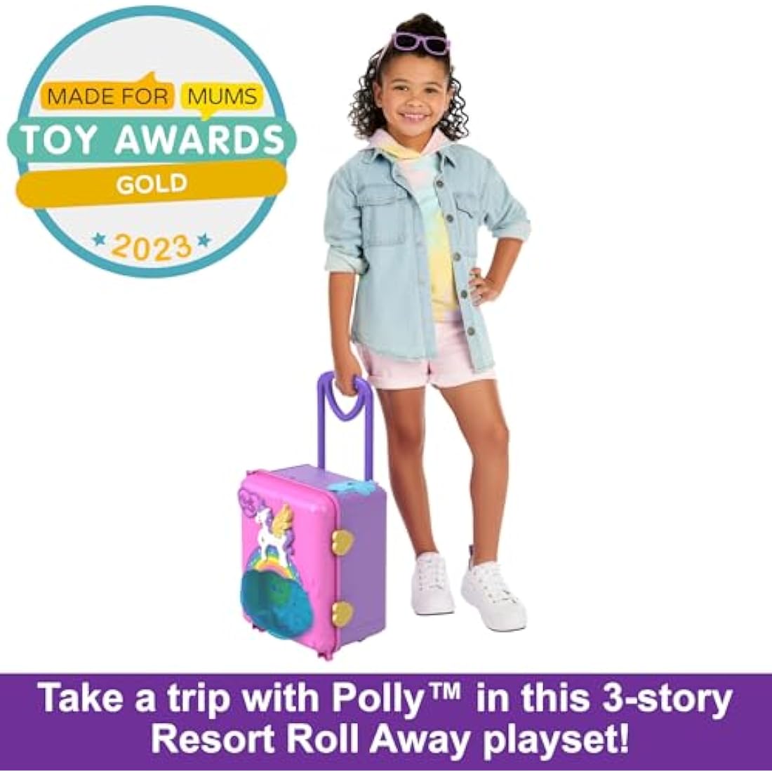 Polly Pocket Pollyville, Resort Roll Away Playset with Rolling Wheels, 5 Play Areas, 4 Dolls, 1 Vehicle, 30 Toy Accessories, Toys for Ages 4 and Up, HKV43