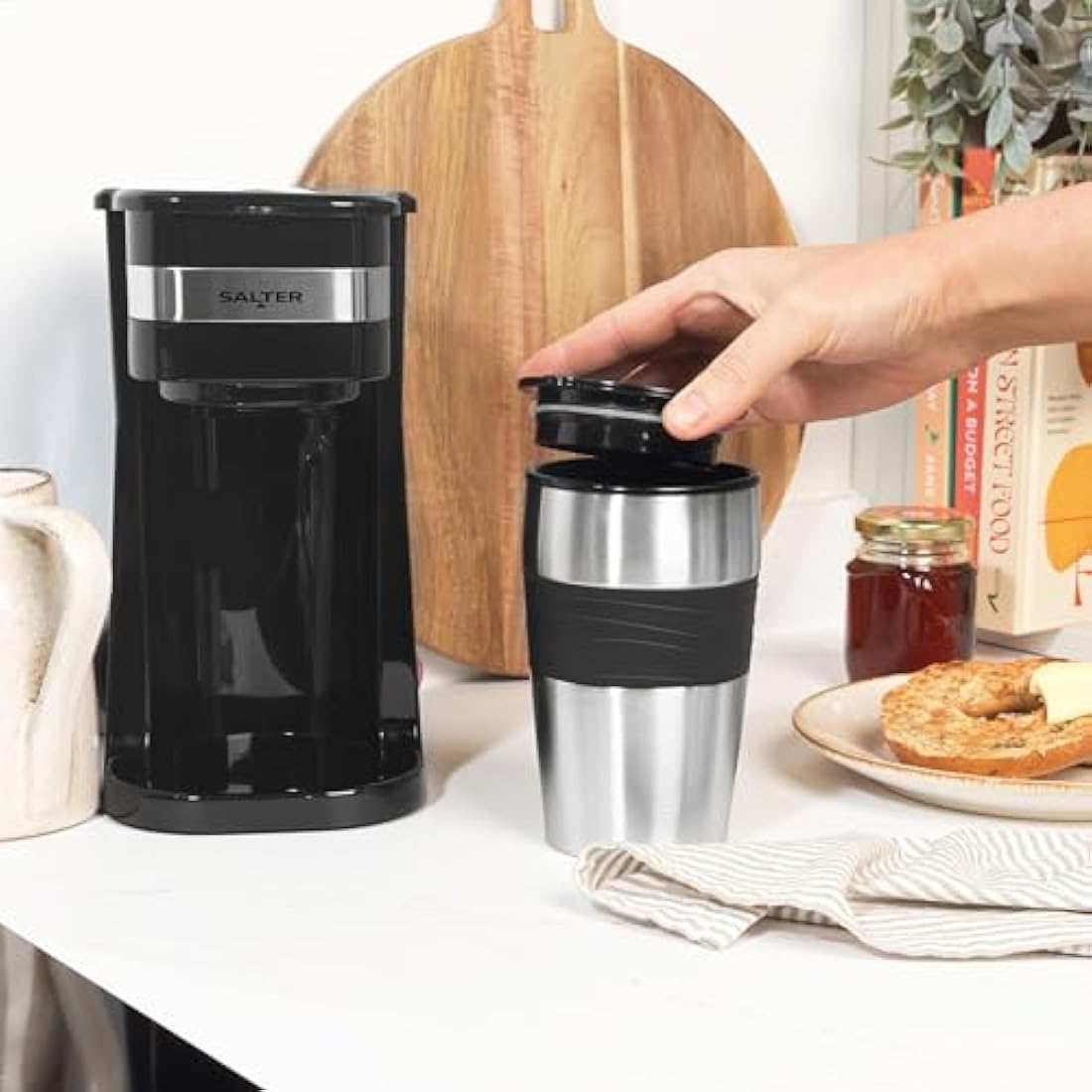 Salter One Cup Coffee Maker – Filter Coffee Machine, Washable & Reusable Filter, Includes 420ml Stainless Steel Travel Mug, Brew Coffee To Go In 3-4 Minutes, Suitable For Ground Coffee/Pads, EK2408