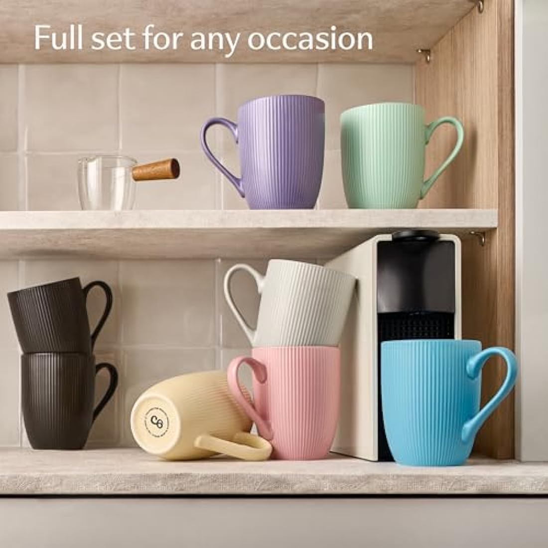 Cosumy Coffee Cups Ceramic 350ml - 6 Coffee Mugs in Modern Colourful Pastel Striped Pattern - Insulated Matt Ceramic - Microwave Safe - Dishwasher Safe & Comfortable Handle