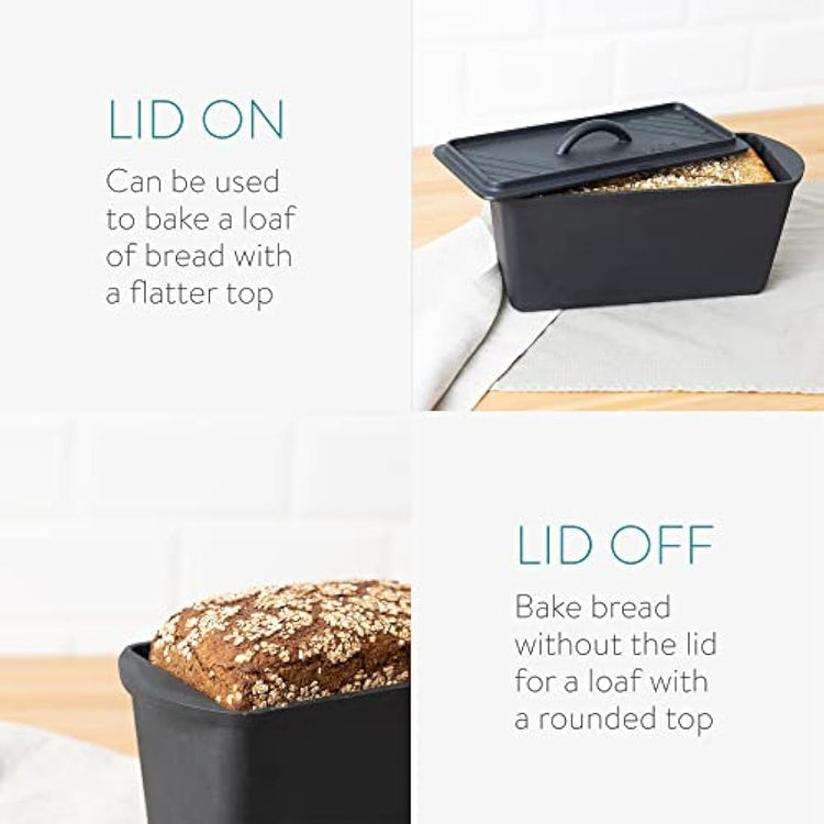 Navaris Bread Loaf Pan with Lid - Cast Iron Bread Baking Pan for Bulge Top or Flat Top Breads Meat Veg Meatloaf - Baking Tin 34 cm x 13 cm x 13 cm - Black