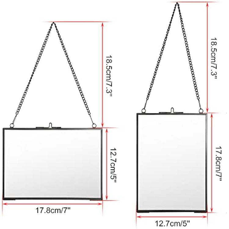 SUMTree Set of 2 Black Glass Hanging Photo Picture Display Frame, Floating Glass Picture Frame with Chain for Family Tree Mini Photo, Gallery Wall Art Work, Pressed Flower, collage, etc, 5 * 7 inch