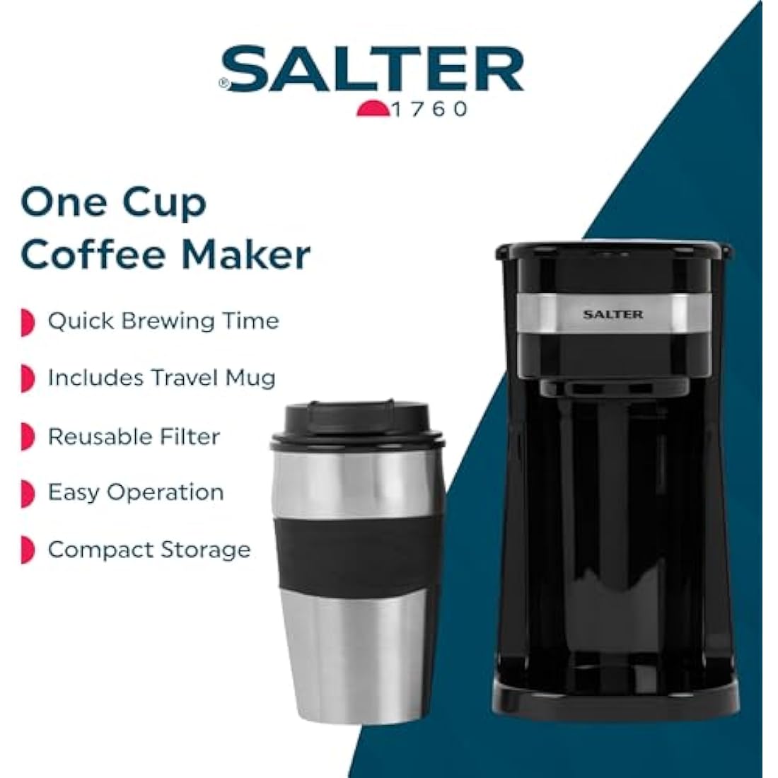 Salter One Cup Coffee Maker – Filter Coffee Machine, Washable & Reusable Filter, Includes 420ml Stainless Steel Travel Mug, Brew Coffee To Go In 3-4 Minutes, Suitable For Ground Coffee/Pads, EK2408