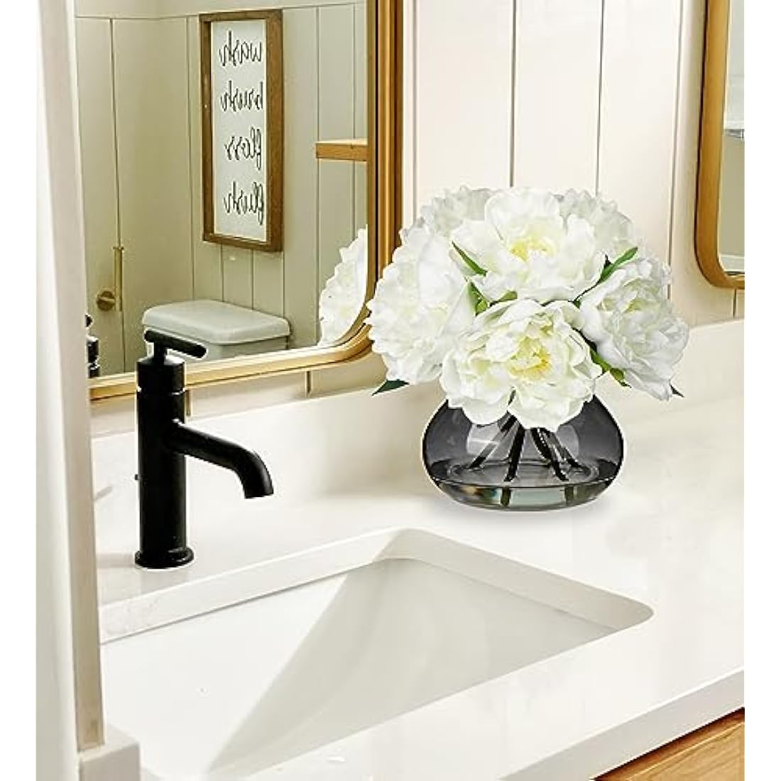 Oairse Artificial Peony Flowers in Vase Real Touch Fake Peonies Flower in Glass Vase with Faux Water White Faux Flower Arrangement for Home Decor Bathroom Living Room Wedding Centerpiece Decoration