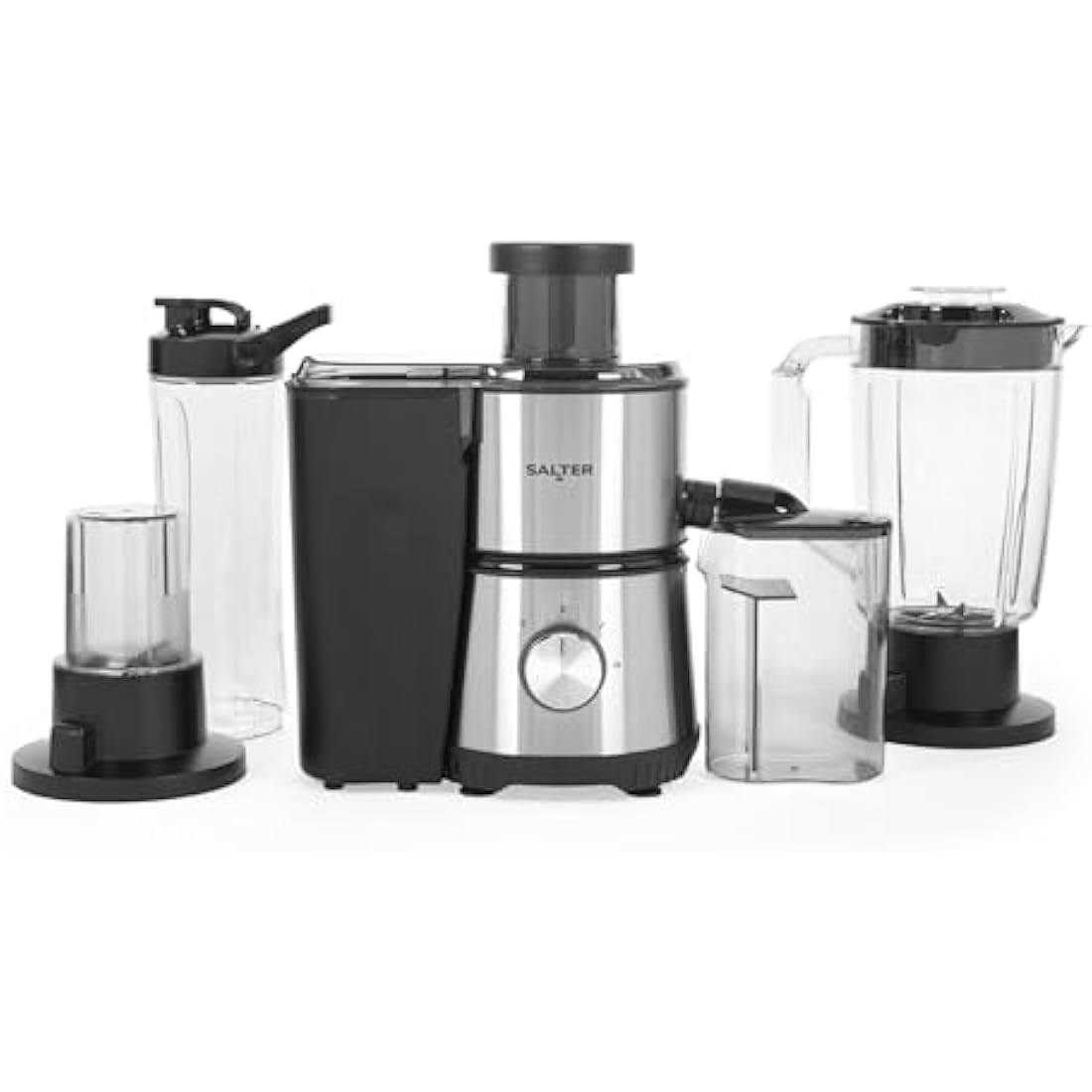 Salter 4 In 1 Juicer & Blender – Fruit Juicer & Smoothie Maker, 1L Jug Blender, Includes 600ml Sports Bottle & Fridge Storage Container, Coffee & Spice Grinder, 2 Speed Settings & Pulse, 400W, EK4294