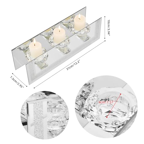 London Boutique Mirrored Candle Holder for 3 Candles – Sparkling Silver Frame with K9 Crystal Holders, Luxury Glass Tea Light & Votive Display Stand, Home Décor & Gift Idea (Round Cups)