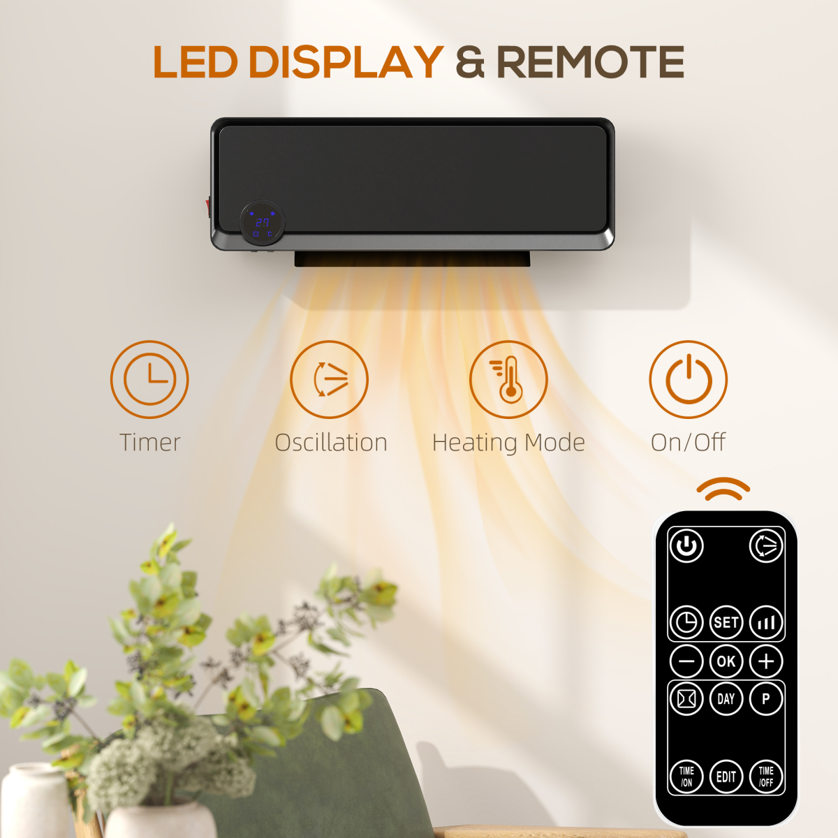 HOMCOM 1000W/2000W Wall Downflow Heater 10-49°C Temperature w/ Timer, Black