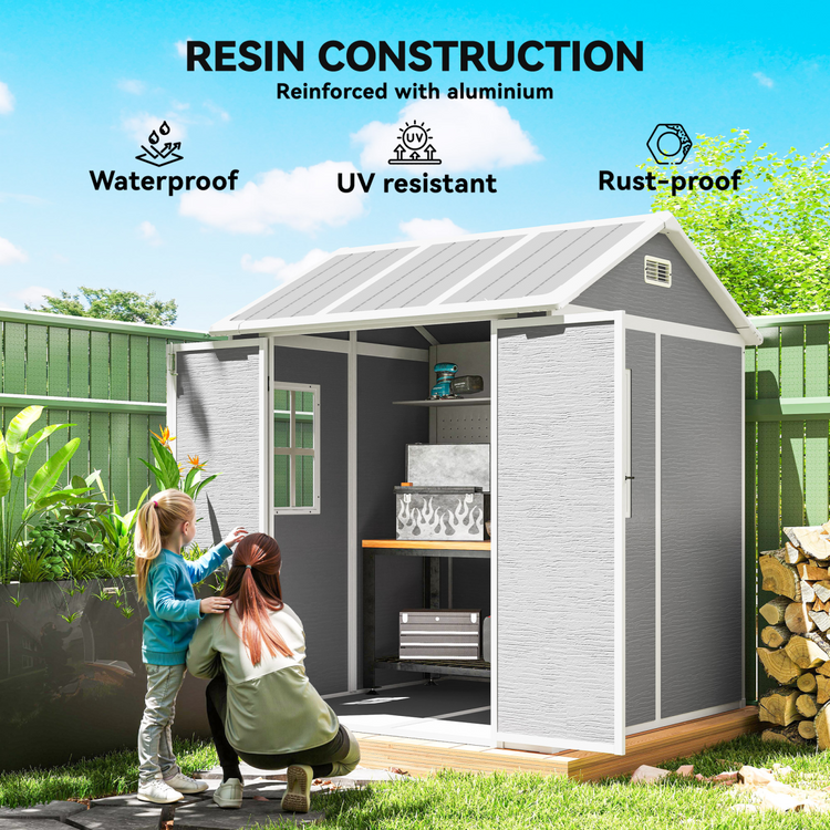 Outsunny 6 x 6ft Plastic Garden Shed with Floor, Window, Vents, Grey
