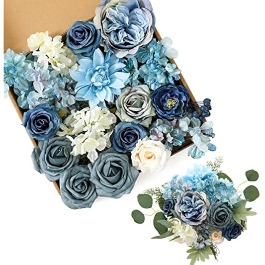 Kisflower Artificial Flowers Dusty Blue Silk Artificial Roes Combo Peony Flower for DIY Wedding Bridal Bouquet Party Home Decorations (Dusty Blue)