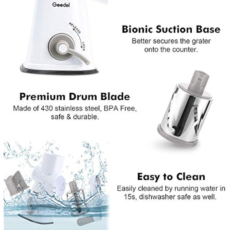 Rotary Cheese Grater, Mandoline Vegetable Slicer with 3 Detachable Drum Blades, Rotary Grater for Kitchen Dishwasher Safe, Effiently Cheese Grinder for Vegetables, Nuts, etc