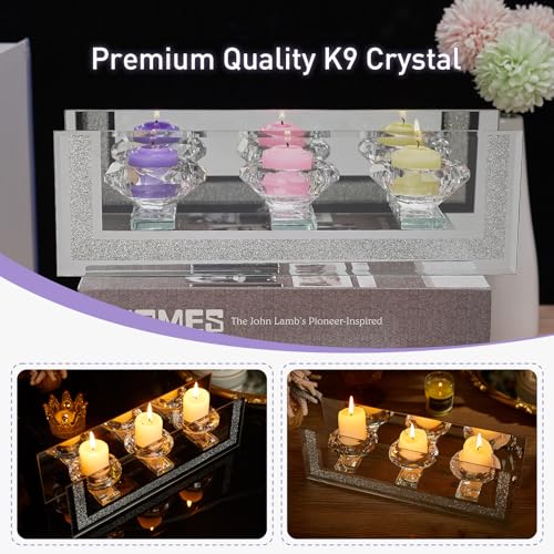 London Boutique Mirrored Candle Holder for 3 Candles – Sparkling Silver Frame with K9 Crystal Holders, Luxury Glass Tea Light & Votive Display Stand, Home Décor & Gift Idea (Round Cups)