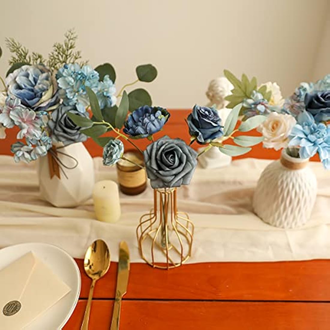 Kisflower Artificial Flowers Dusty Blue Silk Artificial Roes Combo Peony Flower for DIY Wedding Bridal Bouquet Party Home Decorations (Dusty Blue)