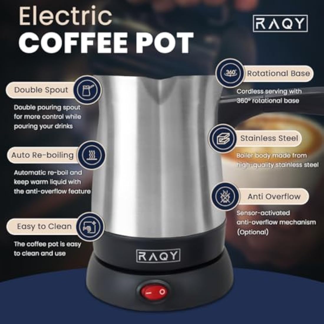 RAQY Electric Coffee Pot, Turkish Greek Coffee Maker, Stainless Steel, Rotational base, Capacity 250ml up to 500 ml, 800 W Power, Coffee, Espresso, Milk, Hot Chocolate, Portable Travel Stainless