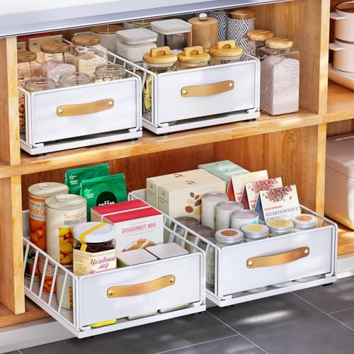 Kitstorack Pull Out Cabinet Organizer Fixed with Adhesive Nano Film, Heavy Duty Pull Out Shelf Kitchen Storage Drawer, Sliding Mesh Cabinet Basket