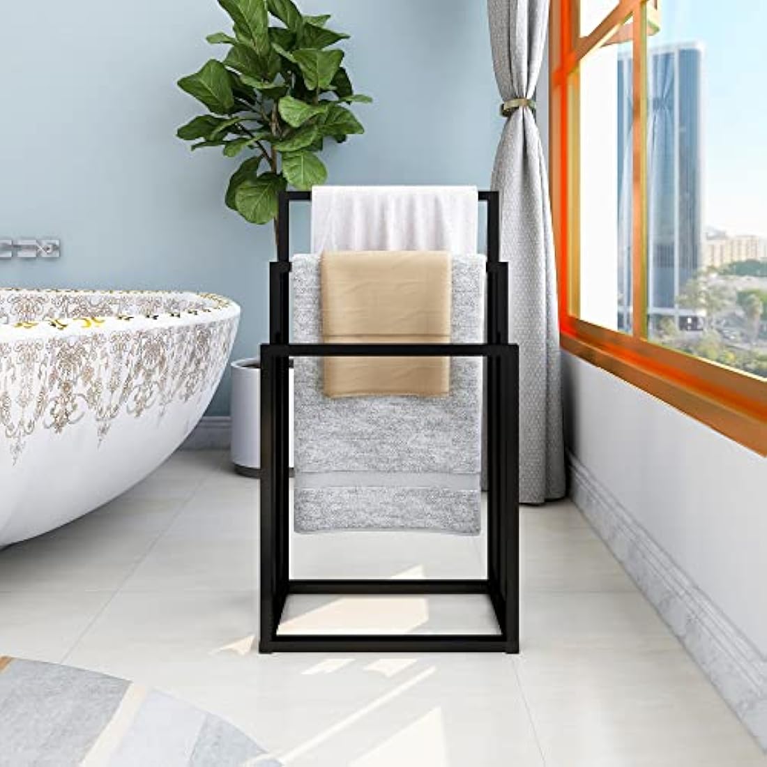 DUMEE Freestanding Towel Holder with 3 Towel Stands Rail for Bathroom Accessories Organizer, Bath & Hand Towels Storage, Black
