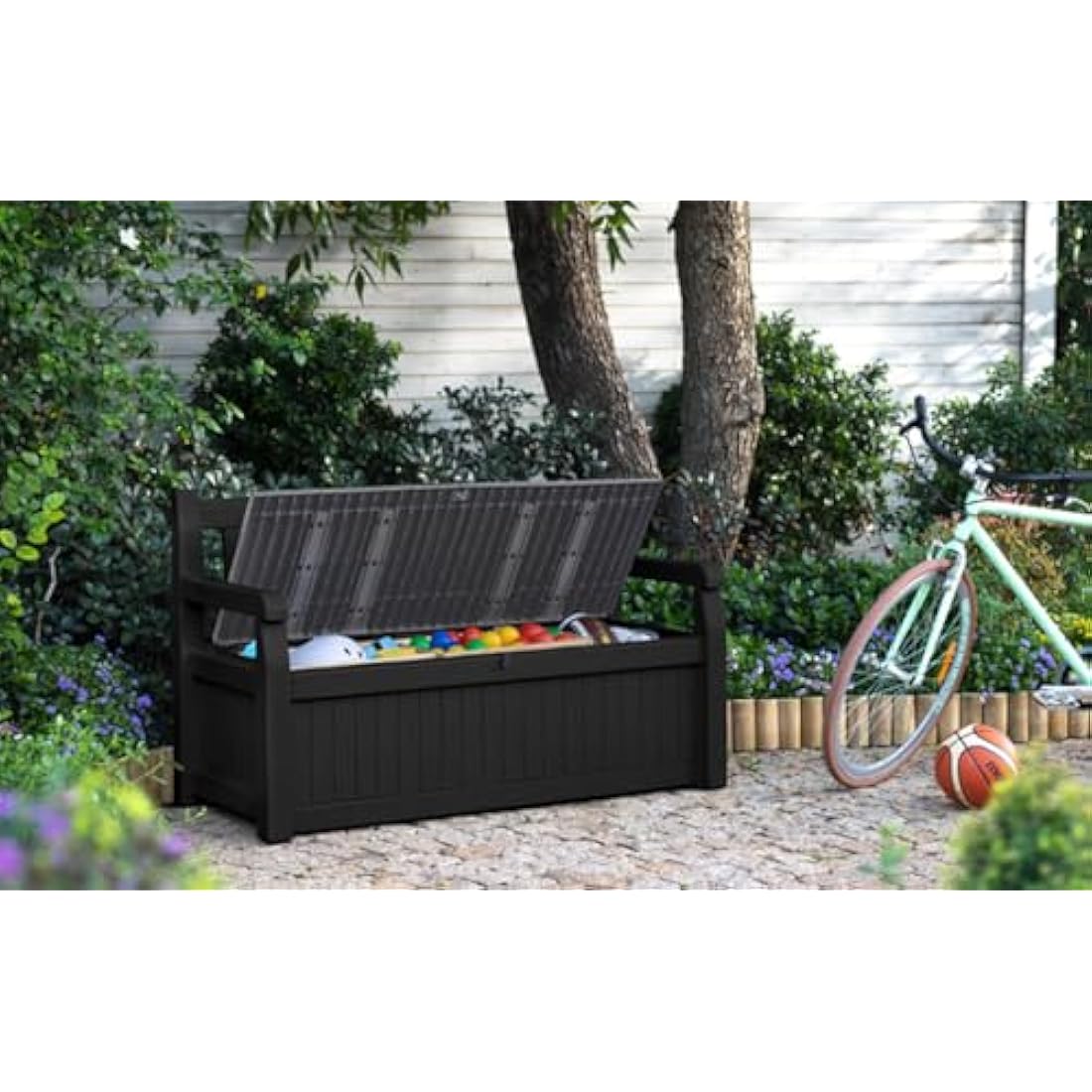 Keter Eden Bench 265L Outdoor 60% recycled Garden Furniture Storage Box Graphite & Light Grey | Fade Free | All Weather Resistant | Safe and Secure | Zero Maintenance | 2 year Warranty