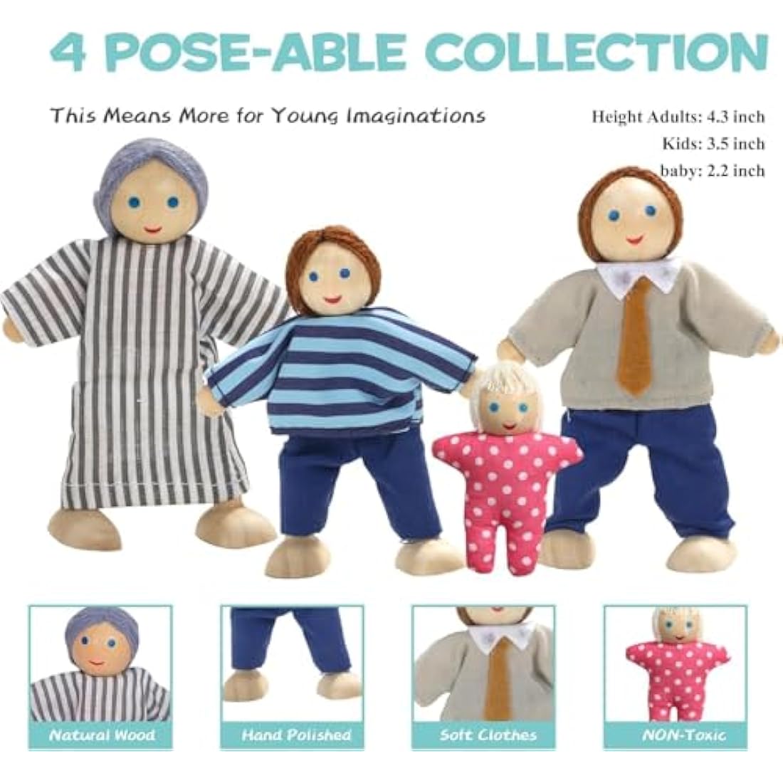 Giant bean Wooden Dollhouse Furniture Set, 36pcs Furnitures with 4 Family Dolls, Dollhouse Accessories Pretend Play Furniture Toys for Boys Girls & Toddlers 3Y+