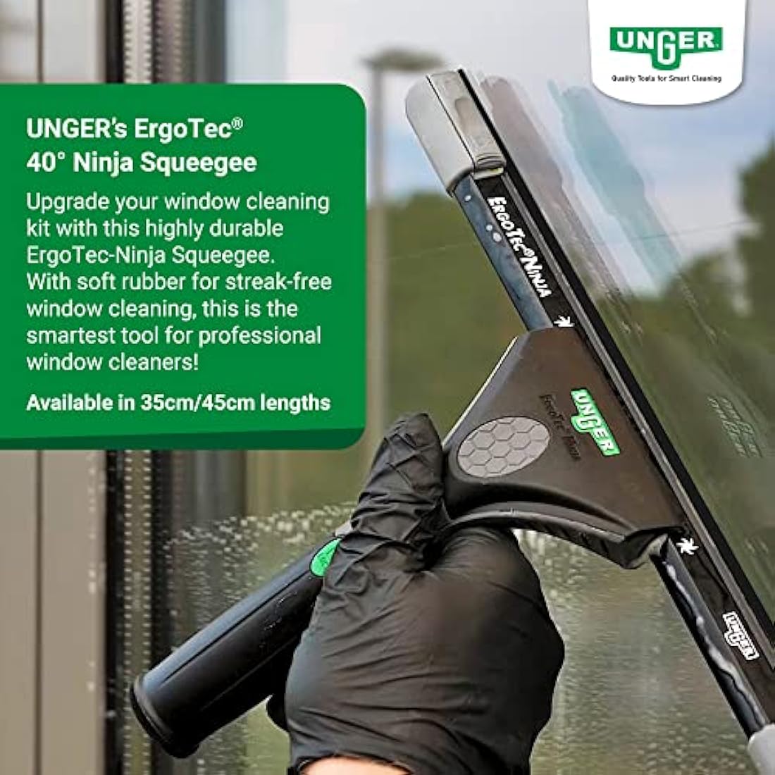Unger ErgoTec NINJA Window Squeegee 45cm – 40° Aluminium Channel, Soft Rubber Blade & Ergonomic Handle – Professional Window Cleaning Equipment, Black