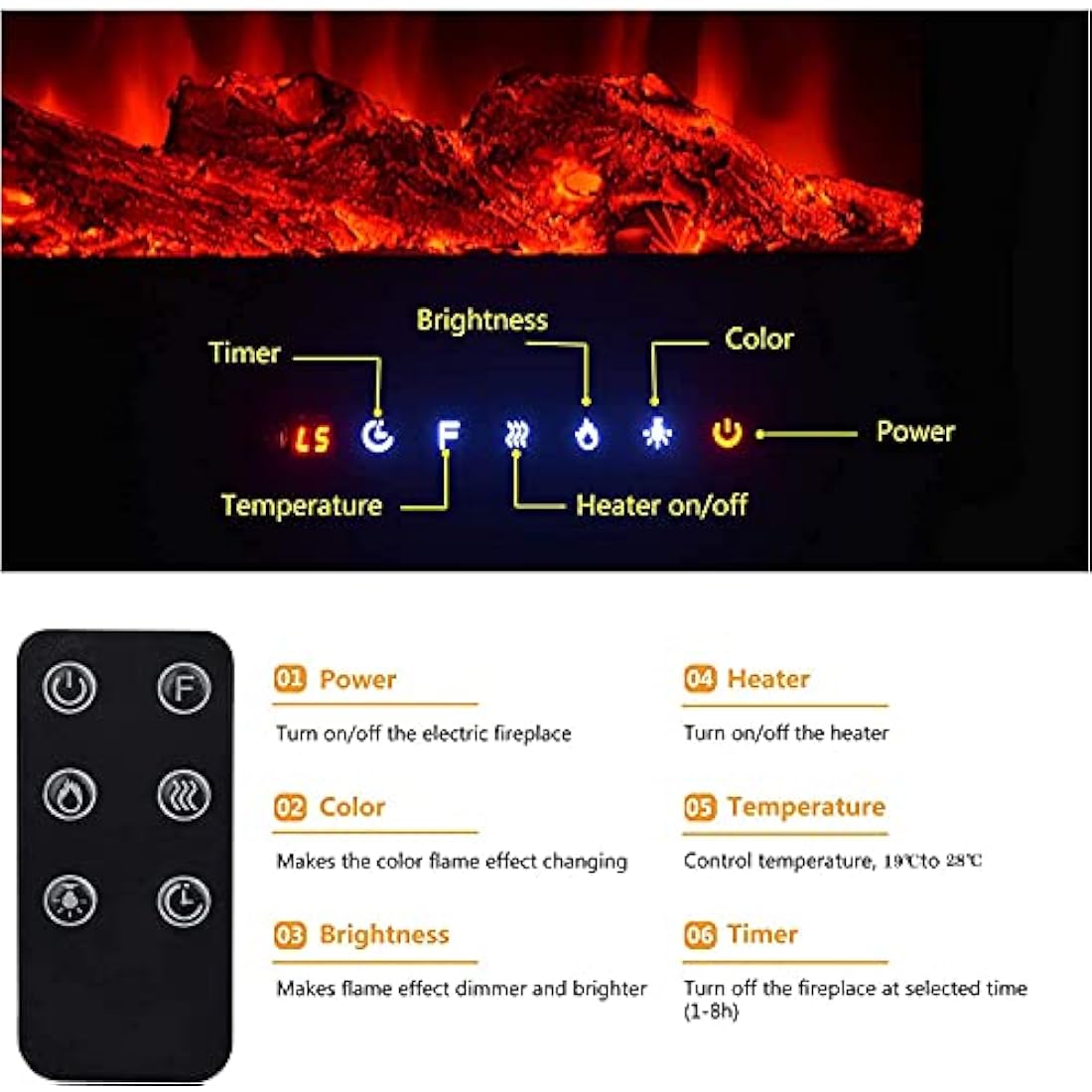 INMOZATA Electric Fire Wall Mounted Recessed Insert 40 50 60 inch Electric Fireplace with Touch Remote Control 9 LED Color Flame Effect Electric Fire Heater, Crystal and Log Set