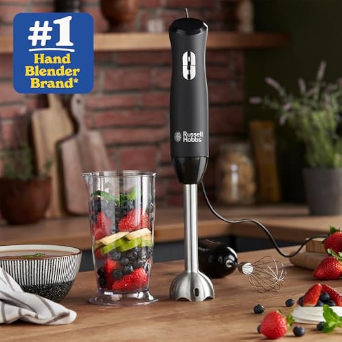 Russell Hobbs Desire 3 in 1 Electric Hand Blender, Fruit & Veg Mini Chopper & Whisk attachment, Stainless steel blending leg, whisk & blades, 500ml capacity chopping bowl & 700ml beaker, 500W, 24702