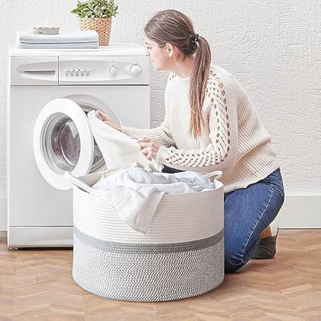 XXXL Extra Large Laundry Basket Cotton Rope Woven Basket Throw Blanket Storage Baskets Living Room with Handle for Clothes Towels Toys Living Room Bedroom Decorative Hamper, 55x35cm, Grey