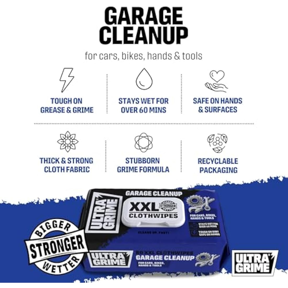 UltraGrime Garage XXL Wipes Heavy Duty 80 Thick Big Wipes - Cleaning Wipes Heavy Duty - Heavy Duty Wipes - Bike Cleaning Wipes - Car Dashboard Cleaner - Leather Cleaning Wipes - Multi Purpose Wipes