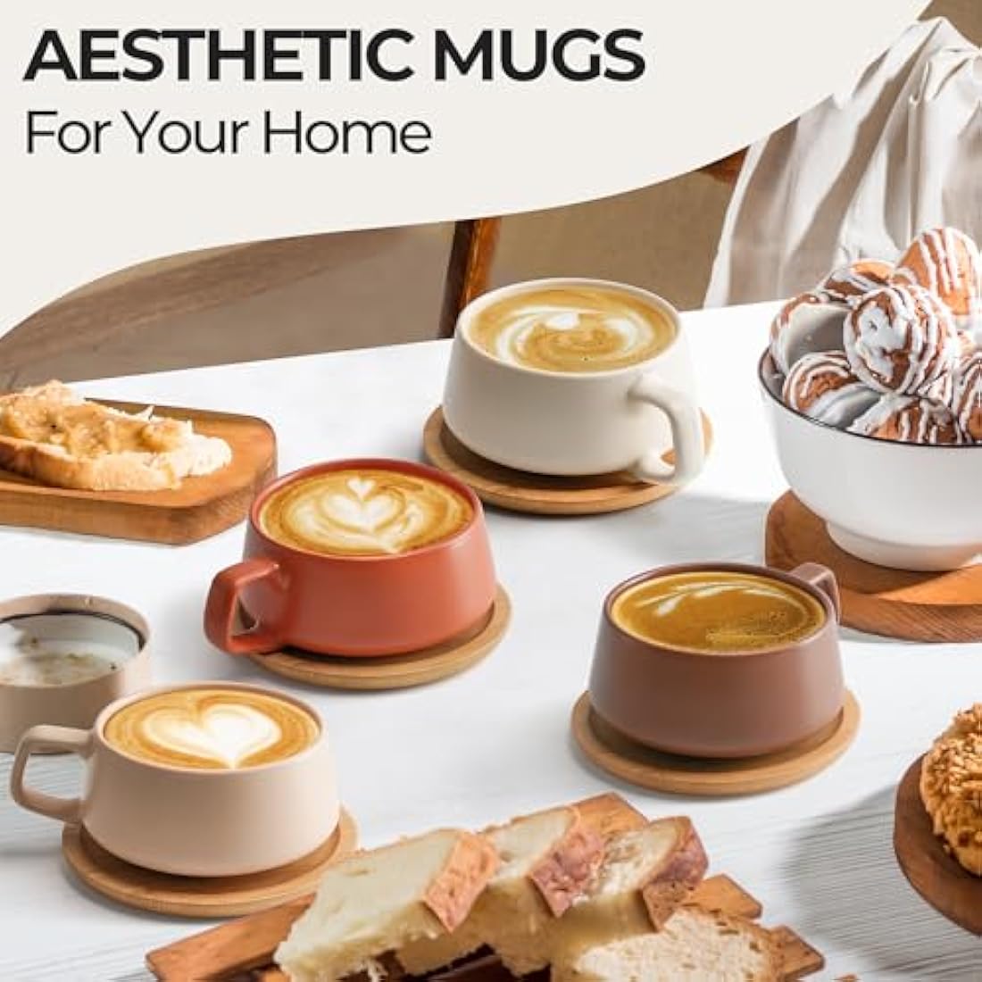 MIAMIO – 320 ml, Set of 4 Ceramic Tea Cup and Saucer Bamboo/Tea Mug - Wide Cappuccino Cup, Coffee Cups Ceramic Mug for Cappuccino, Latte, Espresso & Americano - Luxe Collection (Beige Pastel)