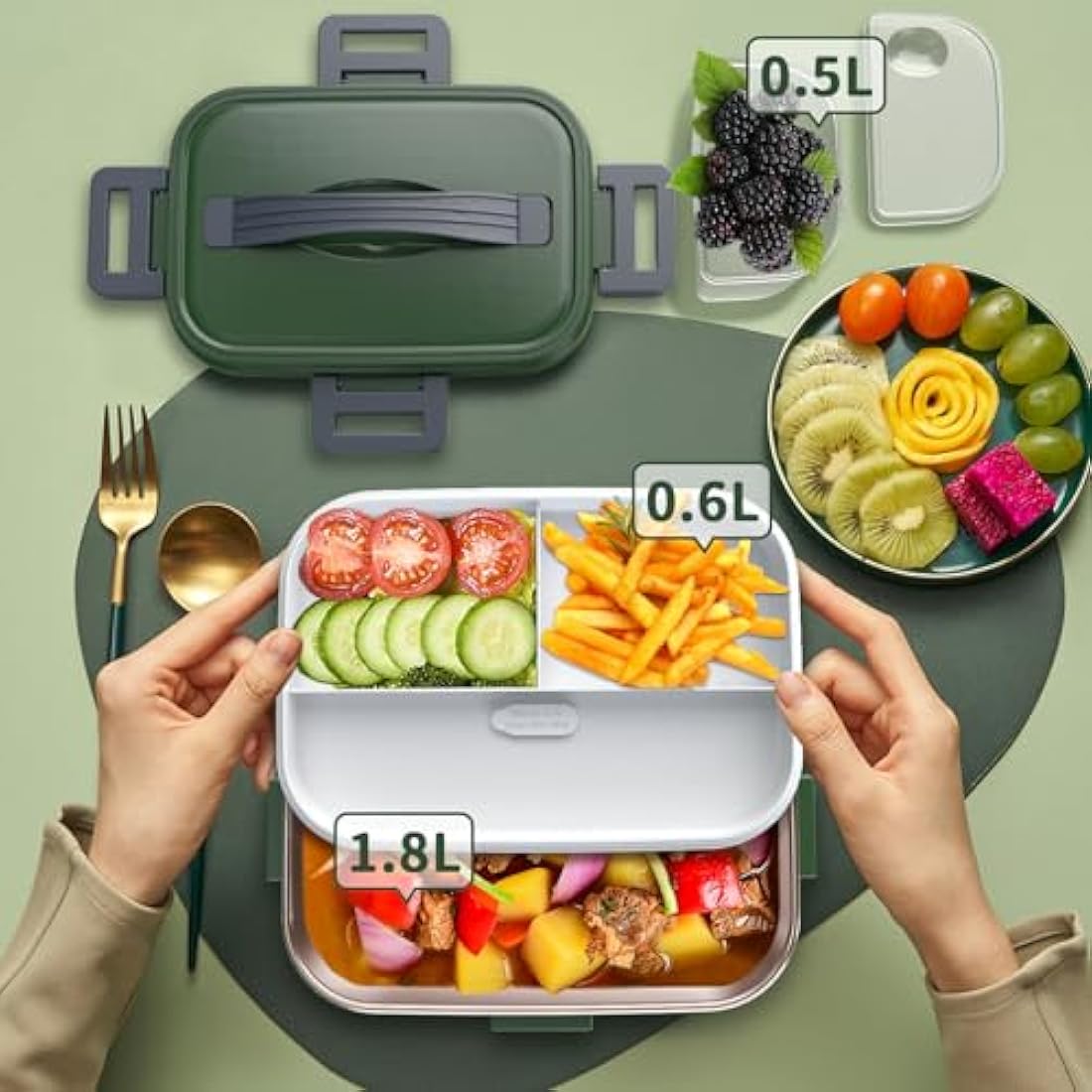 SOOOEC Electric Heated Lunch Box 100W - 3-in-1 1.8L Super Fast Portable Lunch Boxes Food Heater for Adults,12V/24V/110-220V Heating Lunch Box for Car Truck Office Home with Leak-Proof Compartment Lid