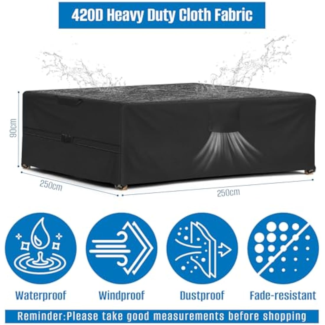 SIRUITON 250x250x90cm Garden Furniture Covers with Air Vent, Waterproof Windproof,Heavy Duty RipProof 420D Oxford Fabric Large Patio Set Cover, Outdoor Table Cover, Square/Rectangular Black