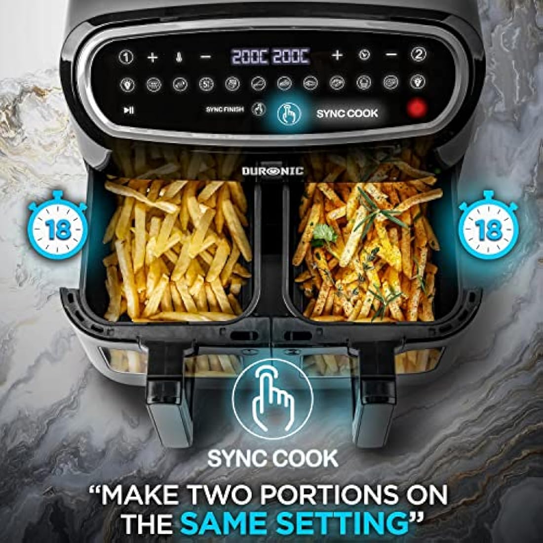 Duronic AF34 BK Triple Drawer 10L Digital Air Fryer with Visual Window, Dual Zone, 10-in-1 Large Drawer AirFryer for Family, Uses No Oil, Air Fry, Roast, Bake, Dishwasher Safe Non-Stick Baskets, Black