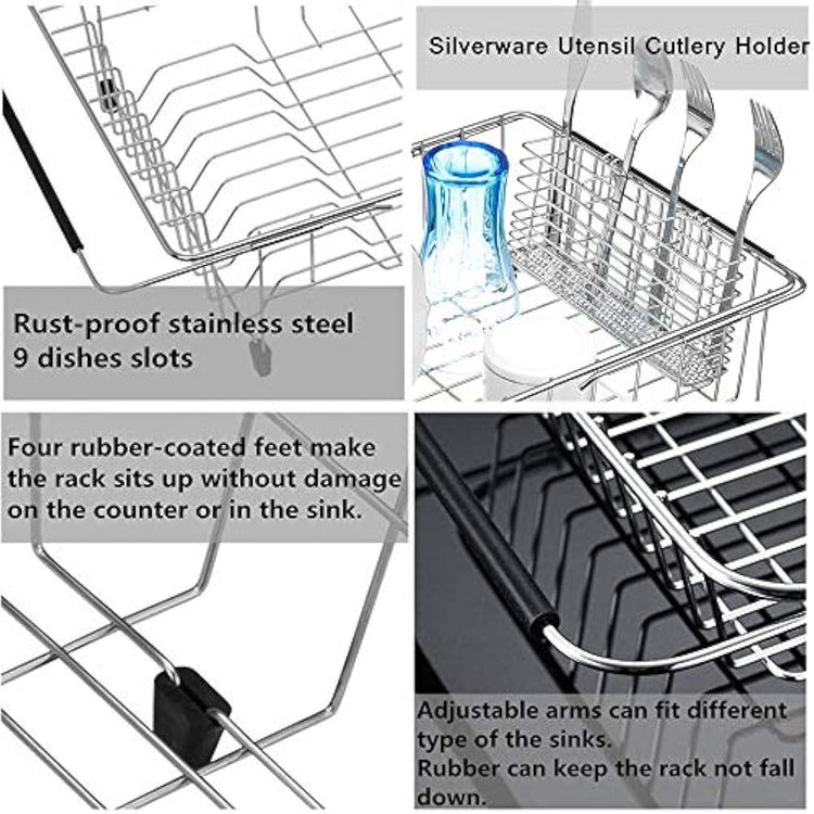 SANNO Expandable Dish Drying Rack with Utensil Cutlery Holder, Dish Drainer Shelf Dish Rack in Sink On Counter with Utensil Silverware Cutlery Holder, Rustproof Stainless Steel