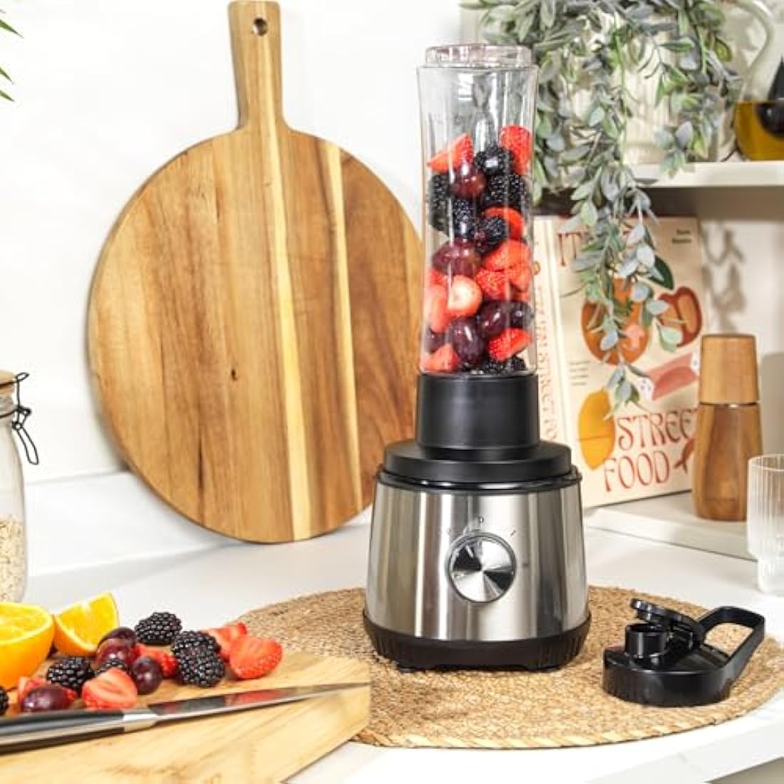 Salter 4 In 1 Juicer & Blender – Fruit Juicer & Smoothie Maker, 1L Jug Blender, Includes 600ml Sports Bottle & Fridge Storage Container, Coffee & Spice Grinder, 2 Speed Settings & Pulse, 400W, EK4294