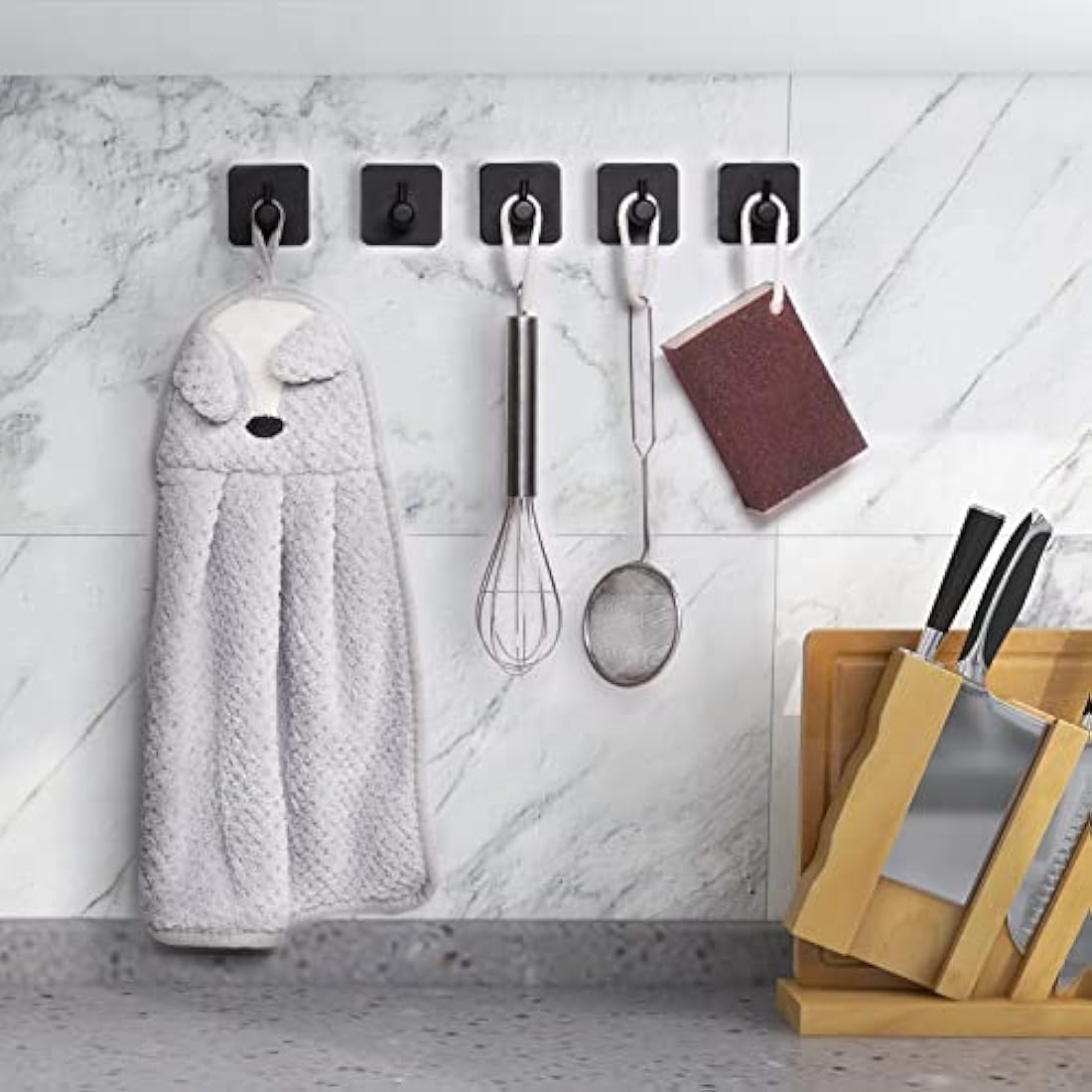 JS Self Adhesive Hooks - Stick on Hooks Holder for Tea Towel, Robe, Coat, Kitchen, Bathrooms - Stainless Steel, Waterproof, Rustproof - Black 6pack