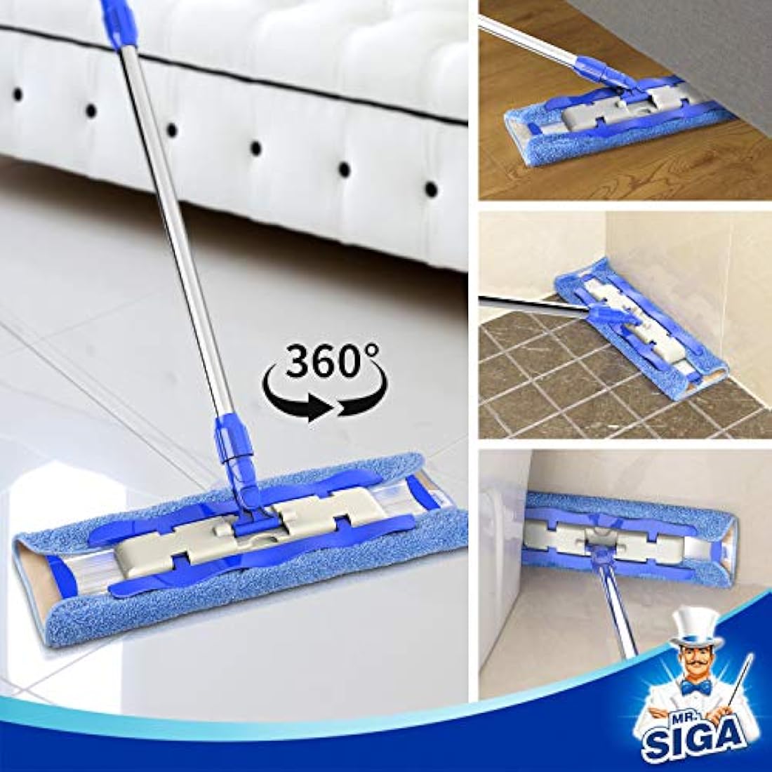 MR.SIGA Professional Microfibre Mop for Hardwood, Laminate, Tile Floor Cleaning, Stainless Steel Telescopic Handle - 3 Reusable Microfibre Cloths and 1 Dirt Removal Scrubber included