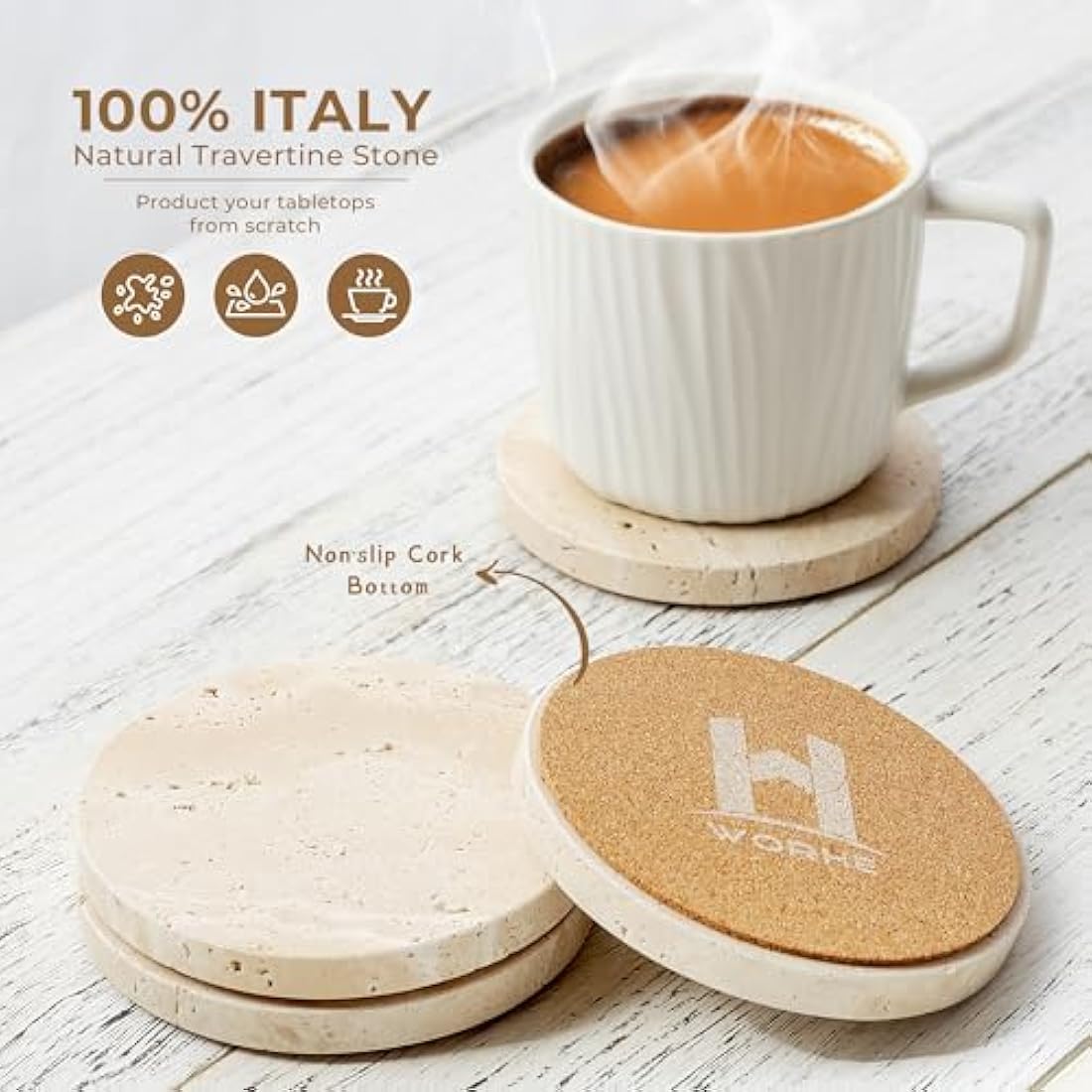 WORHE Marble Coaster for Drinks 4" Diameter Set of 4 Round Travertine Coasters for Home Decor Office Parties Birthday Housewarming Gift, Protect Countertops from Dirty,Sturdy and Tough Beige BD140