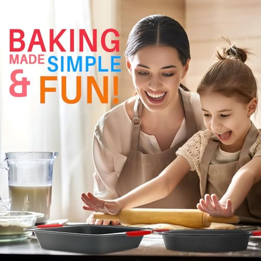 Nutrichef 6-Piece Steel Nonstick Bakeware Set - Carbon Steel Baking Tray Set w/Heatsafe Red Silicone Handles, Oven Safe Up to 450°F, Loaf Muffin Round, Cookie Sheet, Baking Pan NCSBS6S , Black