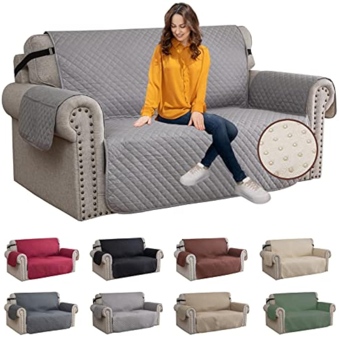 XINEAG Quilted Sofa Covers 2 Seater, Water Resistant Loveseat Covers Sofa Slipcovers with Pockets, Non Slip Sofa Cover for Dogs, Washable Furniture Protector with Elastic Strap (Loveseat, Light Grey)