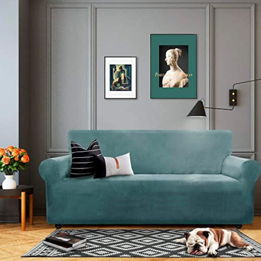 XINEAGE 1 Piece Velvet Couch Covers for 3 Cushion Couch Living Room High Stretch Sofa Cover Pets Dogs Friendly Anti Slip Thickened Slipcovers Furniture Protector (3 Seater, Stone Blue)