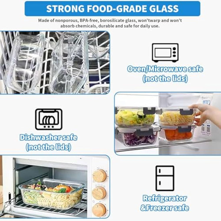 Glass Containers with Lids, 10 Pack Airtight Glass Meal Prep Containers, Glass Food Storage Containers, Reusable, Stackable, Microwave, Oven, Freezer and Dishwasher, 1050ml & 370ml (Black)