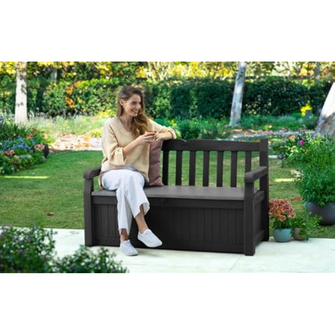 Keter Eden Bench 265L Outdoor 60% recycled Garden Furniture Storage Box Graphite & Light Grey | Fade Free | All Weather Resistant | Safe and Secure | Zero Maintenance | 2 year Warranty