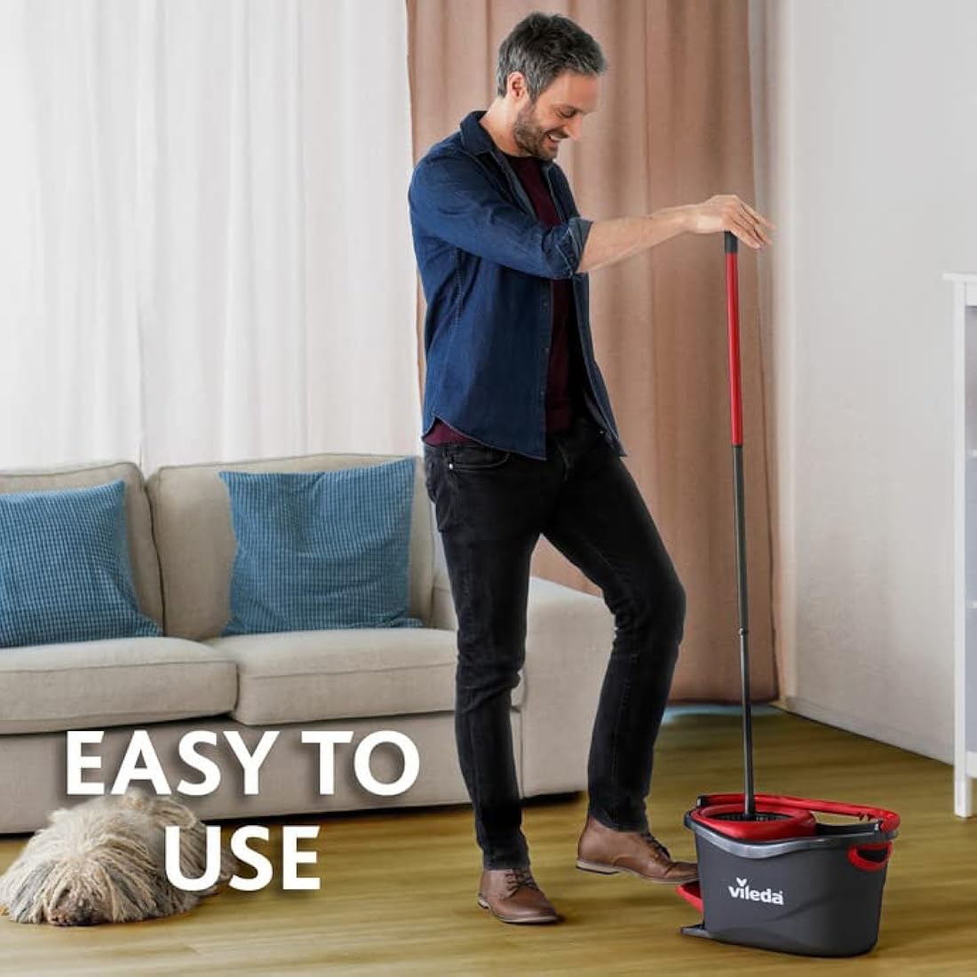Vileda Turbo Microfibre Mop and Bucket Set with Extra 2-in-1 Head Replacement, Spin Mop for Cleaning Floors, Set of 1x Mop, 1x Bucket and 1x Refill