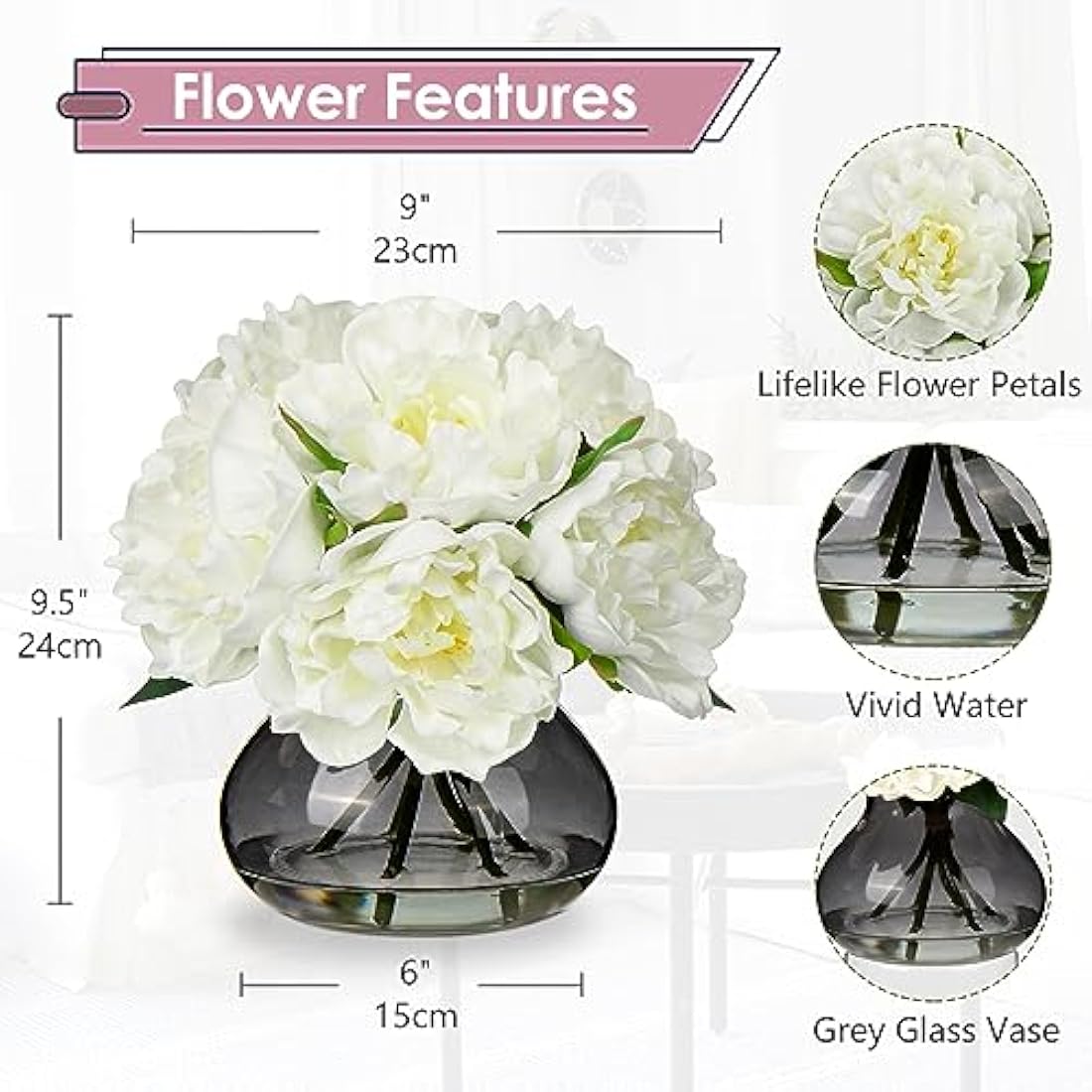 Oairse Artificial Peony Flowers in Vase Real Touch Fake Peonies Flower in Glass Vase with Faux Water White Faux Flower Arrangement for Home Decor Bathroom Living Room Wedding Centerpiece Decoration