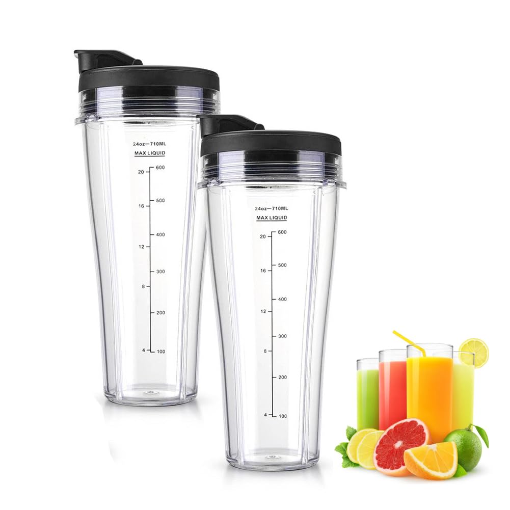 24oz Replacement Cups with Flip Top to-go Lid for Ninja Blender - 2pack Blender Replacement Parts Compatible with Ninja Blender NC300UK BN750UK