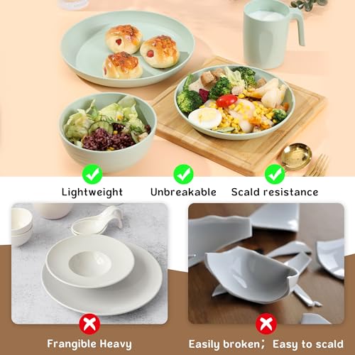 Greentainer Unbreakable Plastic Dinnerware Set, Lightweight Camping Tableware with 6 Dinning Plates, 6 Dessert Plates, 6 Bowls, 6 Cups for Kids &