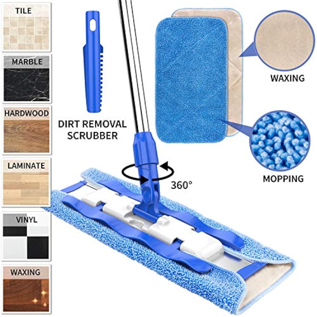 MR.SIGA Professional Microfibre Mop for Hardwood, Laminate, Tile Floor Cleaning, Stainless Steel Telescopic Handle - 3 Reusable Microfibre Cloths and 1 Dirt Removal Scrubber included