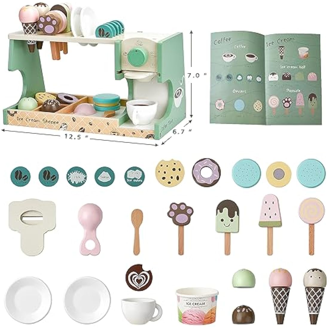 medoga Wooden Ice Cream Toy, 3-in-1 Ice Cream Counter with Coffee Maker 28 PCS Toddler Pretend Play Kitchen Accessories Wooden Toys for 3 4 5 6 Year Old Girl or Boy (Ice Cream)